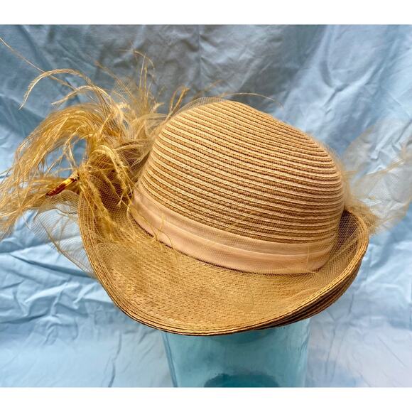 Luci Ames Handcraft Tan Wicker Hat w Ostrich Hat - Picture 1 of 13